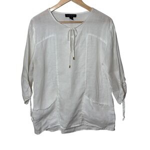 August Silk Womens Top Linen Blend White 3/4 Sleeve Tie Neck Medium Flowy Resort